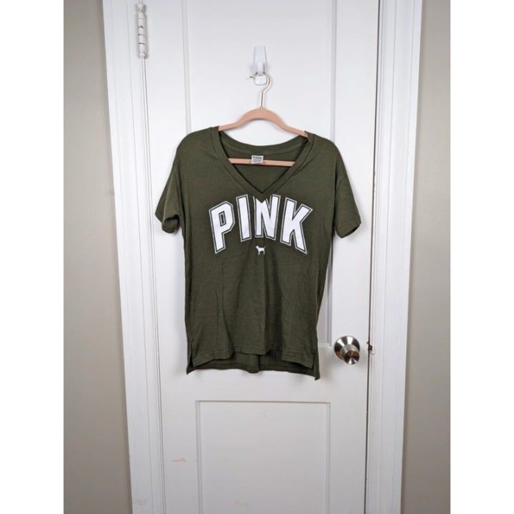 VS Pink | Army Green Logo Short Sleeve Oversized Tee